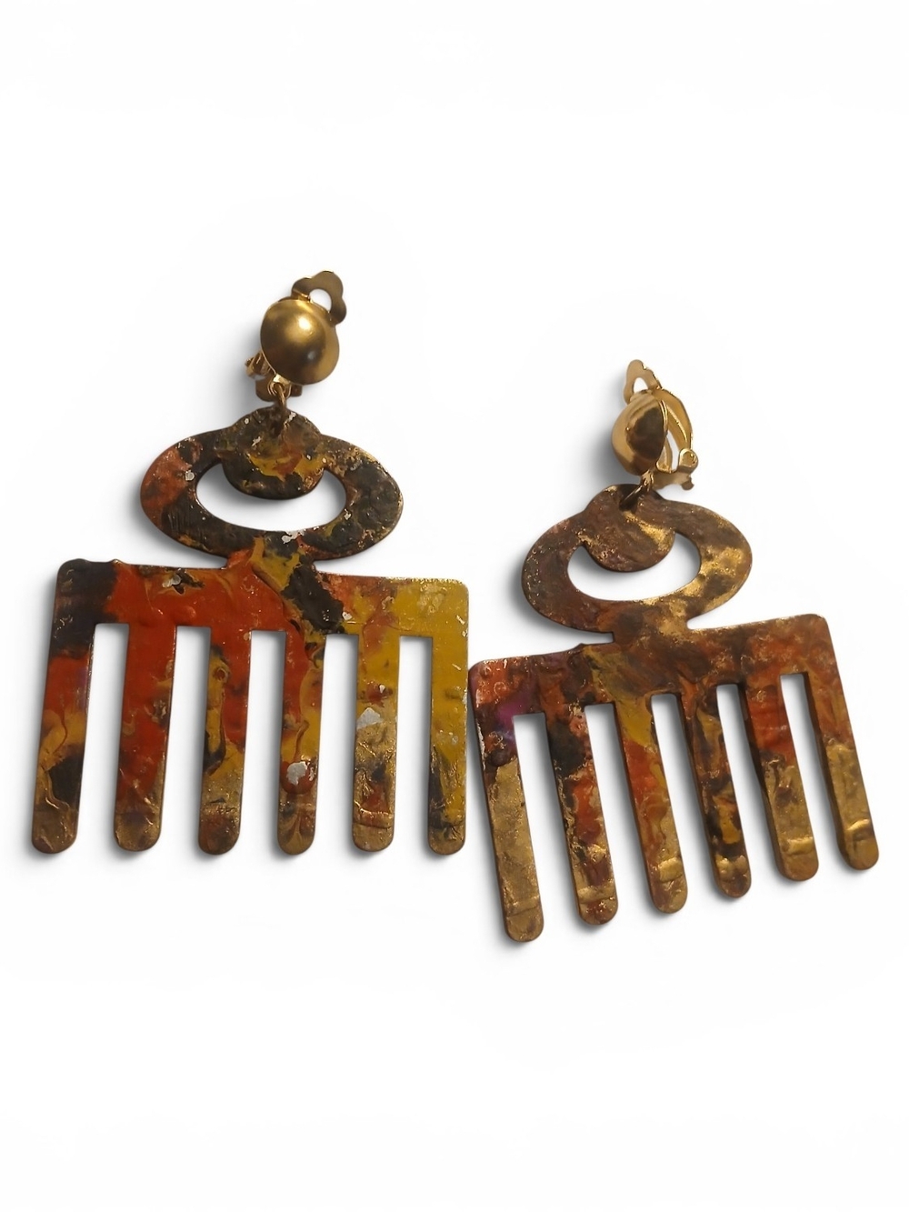 Clip On Handpainted Afro Comb Drop Earrings
